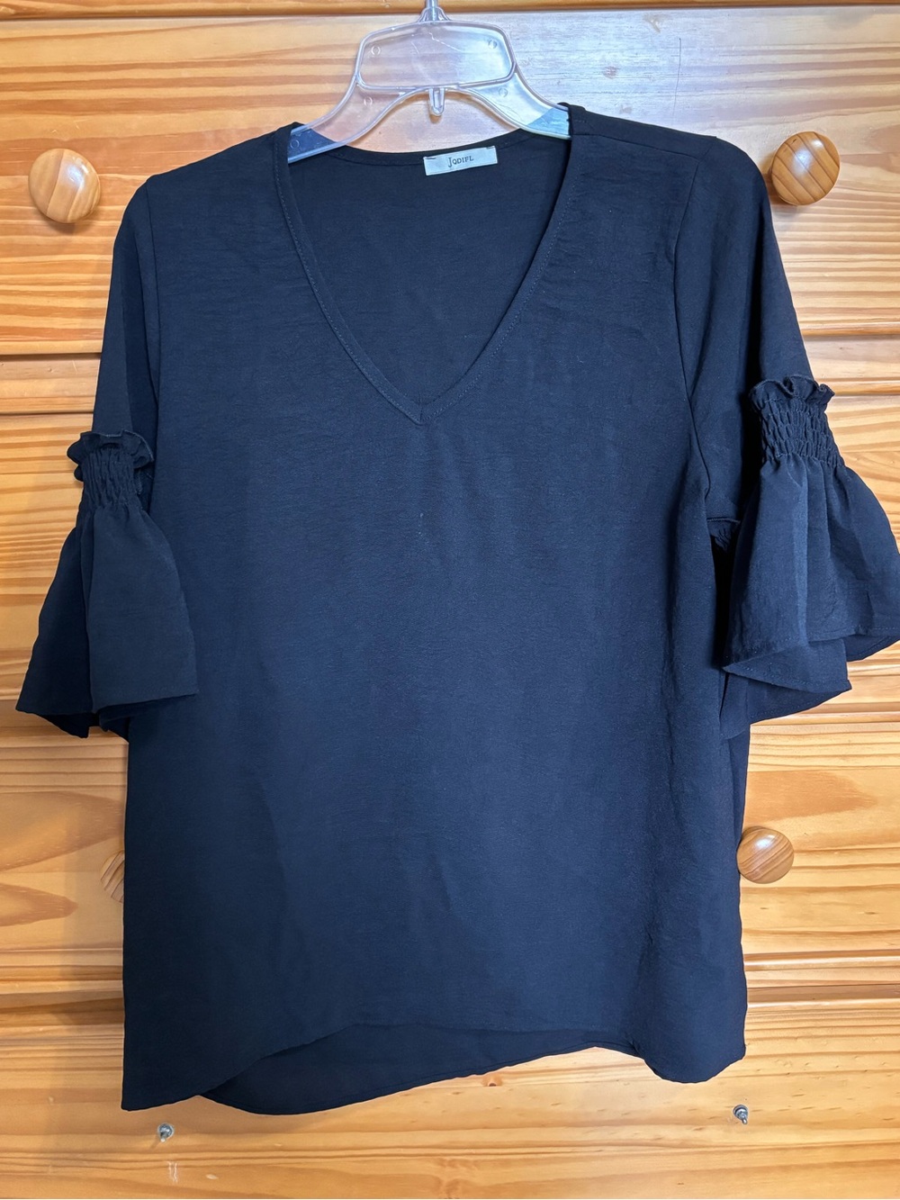 JODIFL Black V-Neck Ruffle Sleeve Tunic